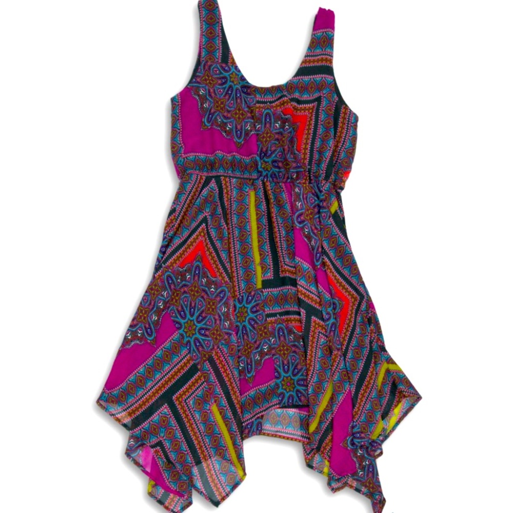 BeBop Multi-Patterned Jewel-Toned Sleeveless Asymmetrical Hemmed Midi-Dress